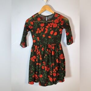 Laura Ashley london black 3/4 sleeve lace illusion neck red green floral dress 8